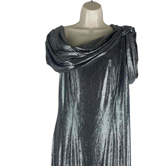 Tadashi Shoji Copley Shoulder Drape Lame Gown Silver Steel Size XL - Picture 4 of 13